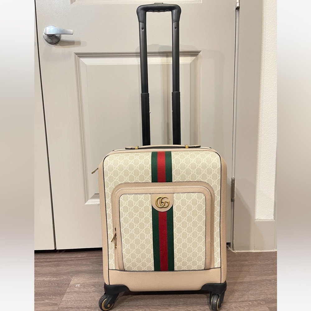 Gucci Beige Canvas Rolling Carry-On with Signature Green-Red Web Stripe